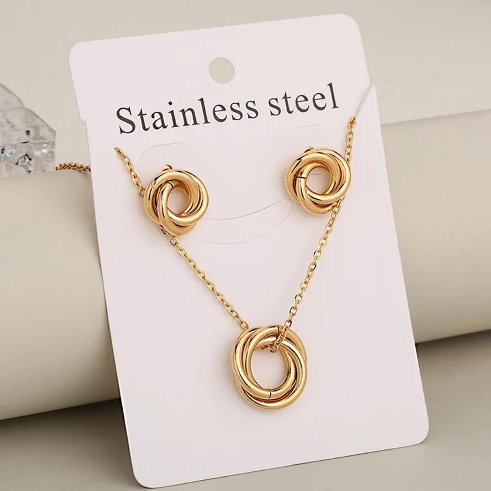 Gold Knot Stainless Steel Necklace & Earrings Set